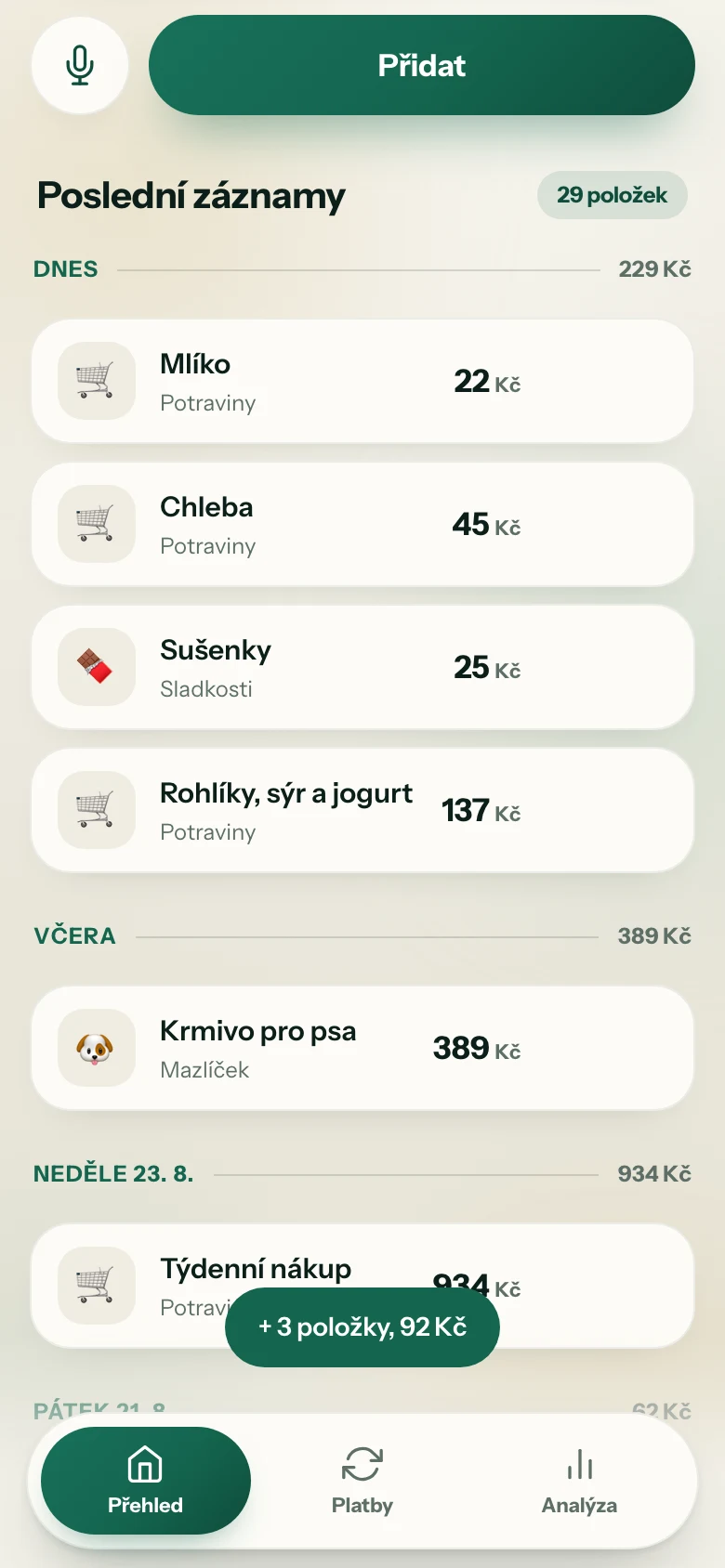 Seznam záznamů, ve kterém přibyly tři rozpoznané položky s cenami a kategoriemi