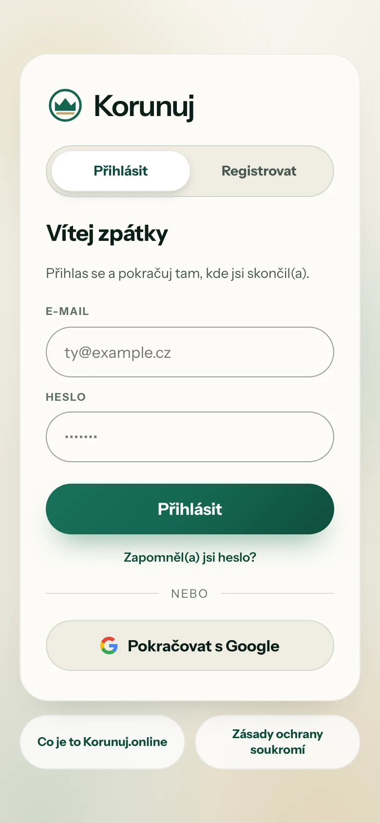 Přihlašovací obrazovka aplikace Korunuj